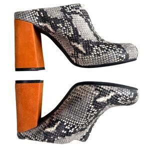 Shellys Snake Print Leather Clogs US 7.5 Chunky Block Heel Mob Wife 70s Vibe SEE